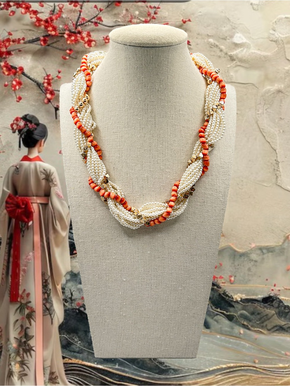 Elegant Coral and Faux Pearl Twisted Necklace Made in Japan